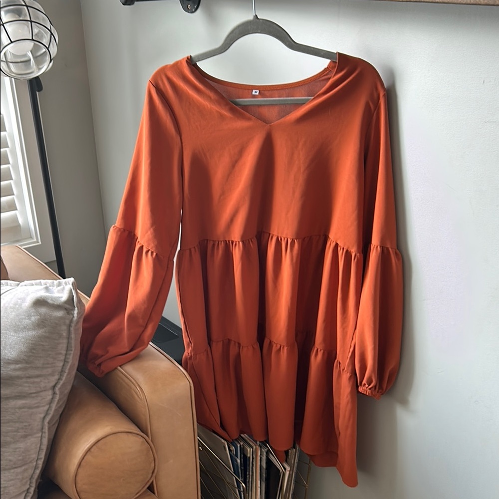Orange Long Sleeve Tiered Dress